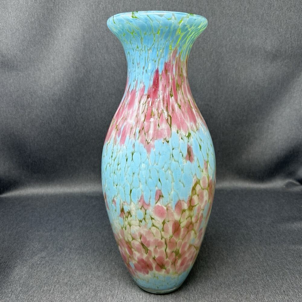 Vintage Mottled Art Glass Vase 14" Blue Green Pink Confetti Spatter Flared Rim